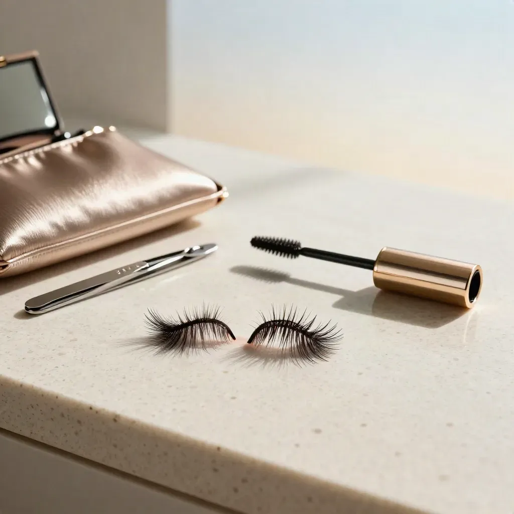 Luxusní večerní beauty sada s řasami, pinzetou, řasenkou a zlatavým psaním na toaletce.
