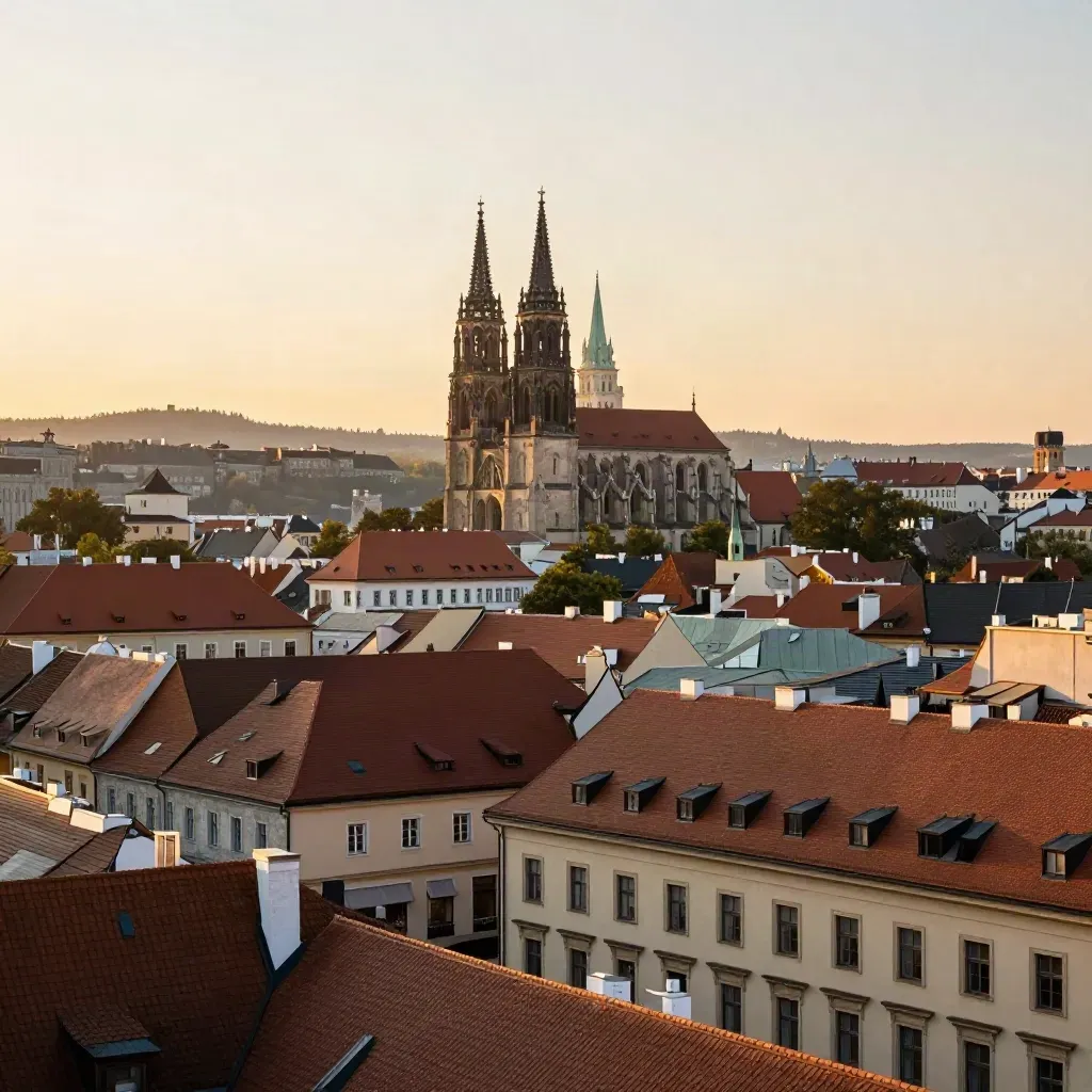 Brněnské panorama se Špilberkem a katedrálami v teplém večerním světle.